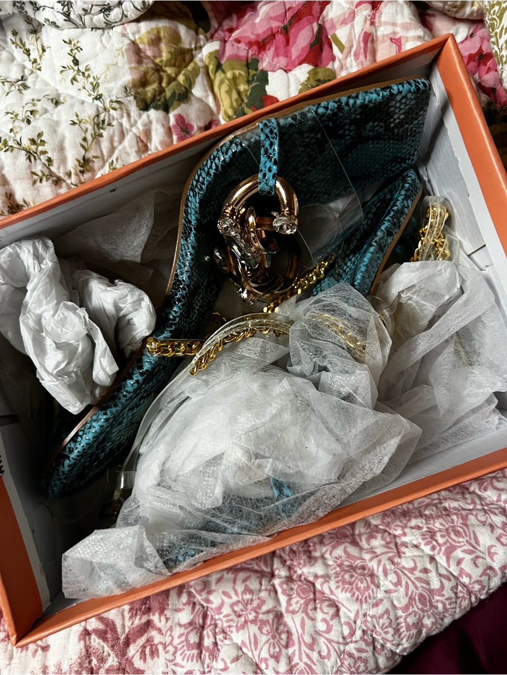 Teal Snake-Embossed Crossbody Bag with Gold Chain Hardware